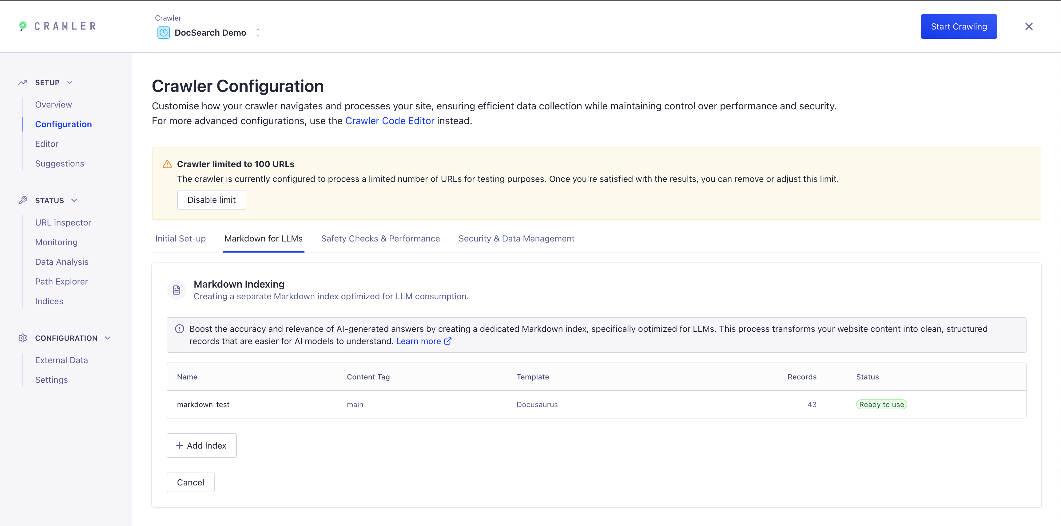 Crawler Configuration - Markdown for LLMs