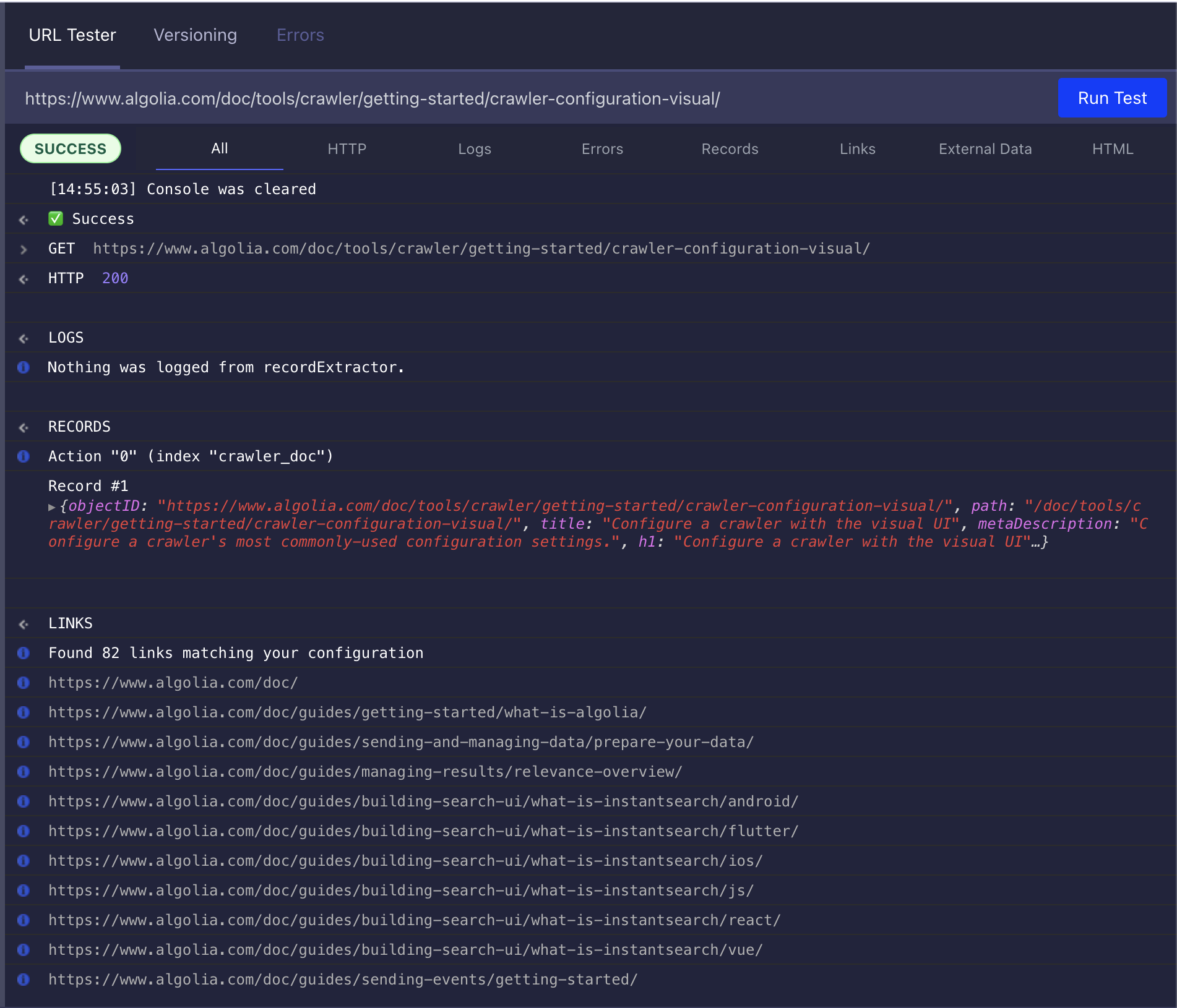 Algolia Crawler Visual UI URL Tester